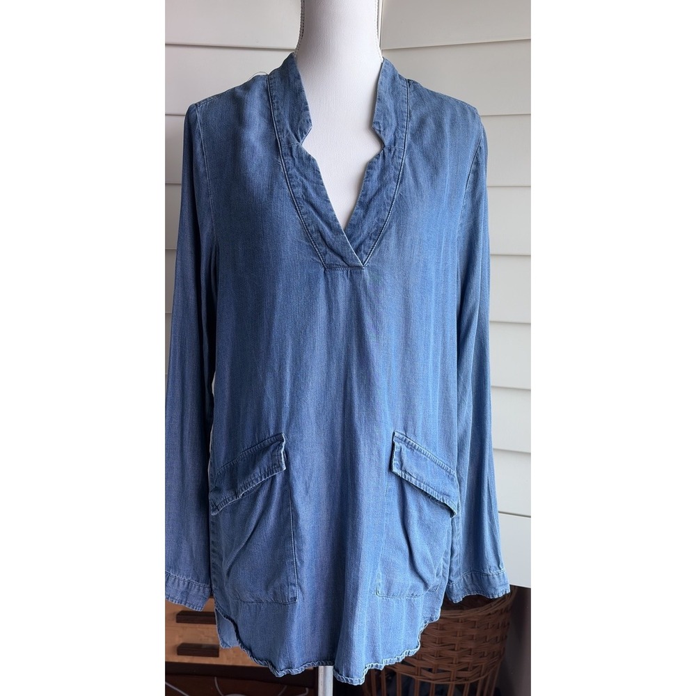 Lovestitch M Chambray Tunic Top Blue Boho Western Coastal Cowgirl Pockets Hi Low